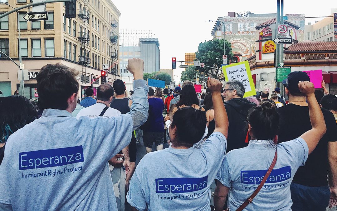 3 People stand at the back of a protest with their fist raised in the air wearing shirts that say Esperanza.