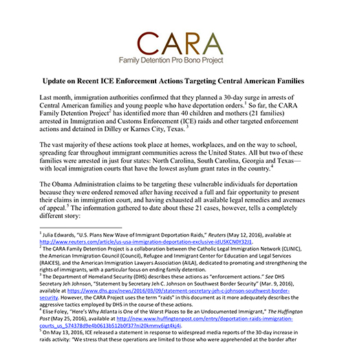 2016 CARA Update on ICE Enforcement Actions Targetting Central American Families