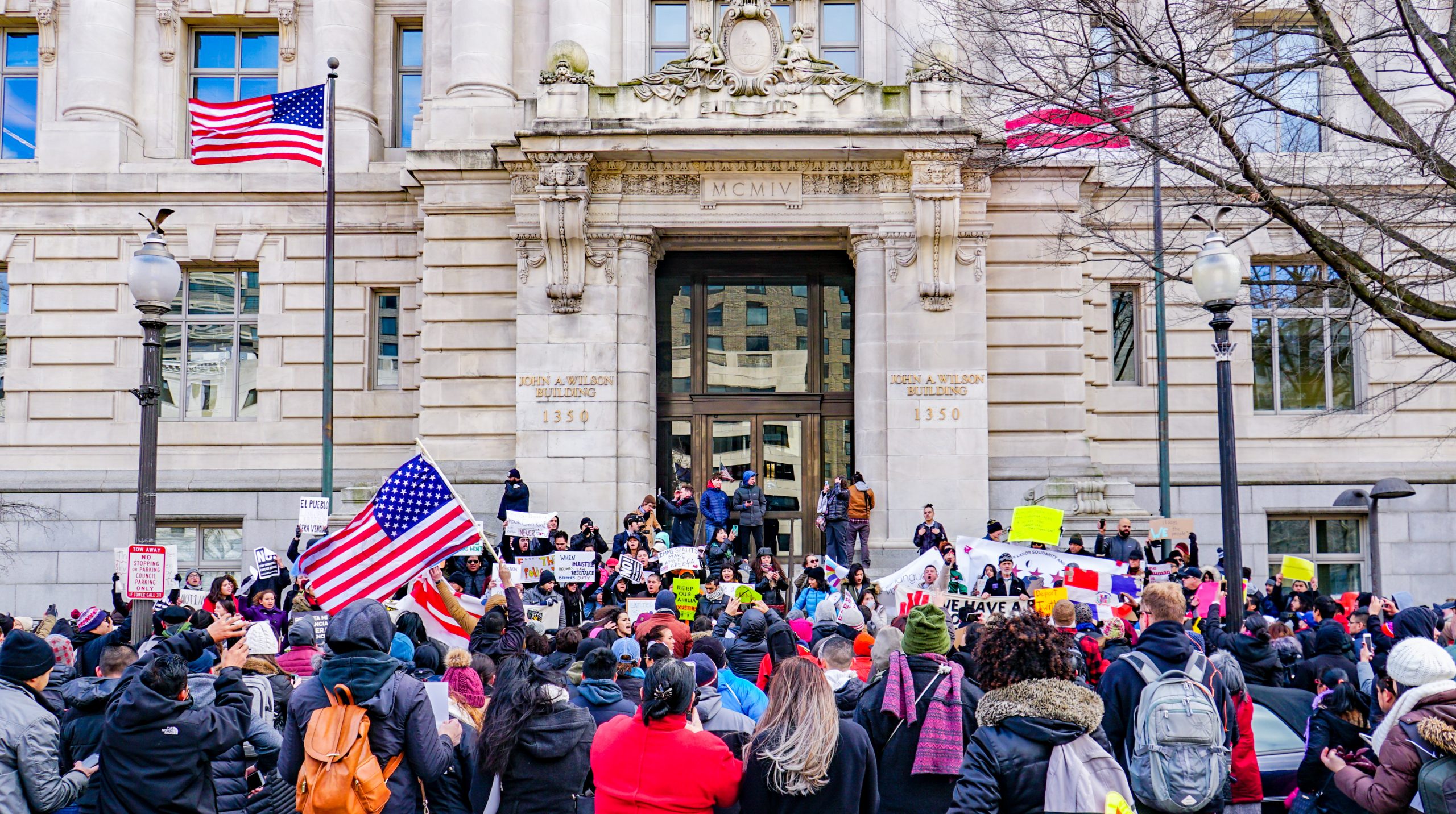 Protest crowd in front of building