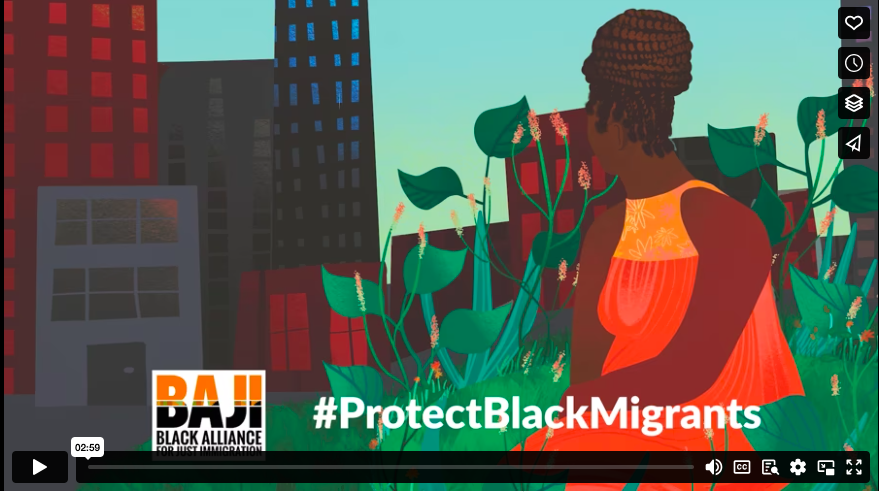 Image from a Video that says "#ProtectBlackMigrants