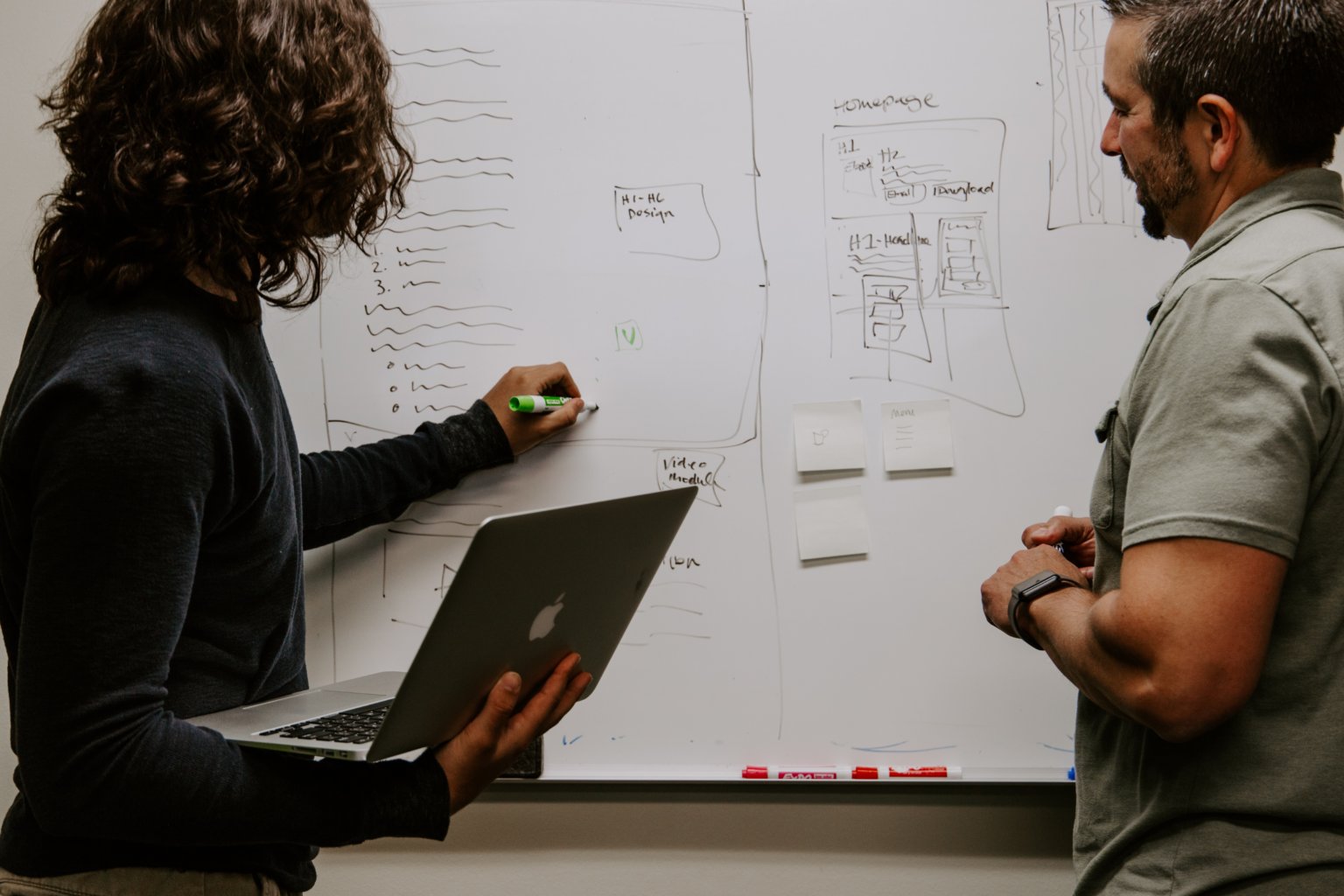 Woman and man planning on a white board