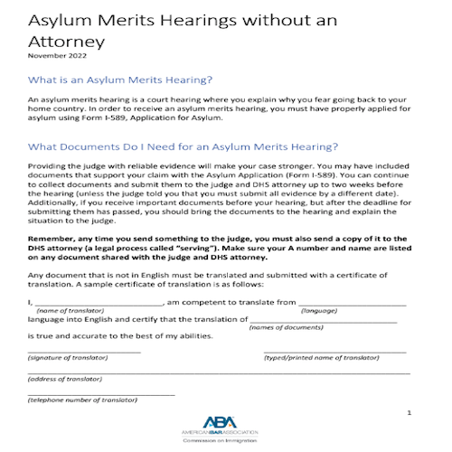 ABA: Asylum Merits Hearing without an Attorney