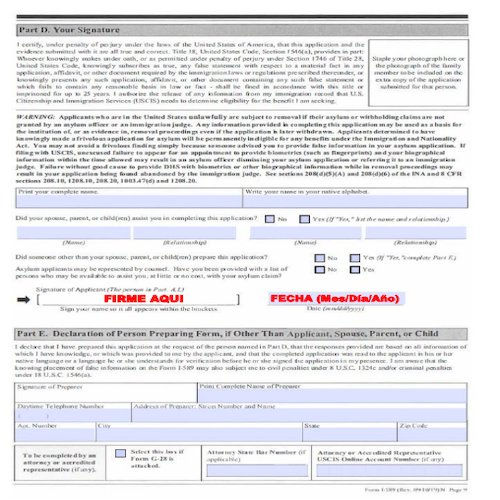 Esperanza: Ejemplo de i-589 Firmas & Fechas