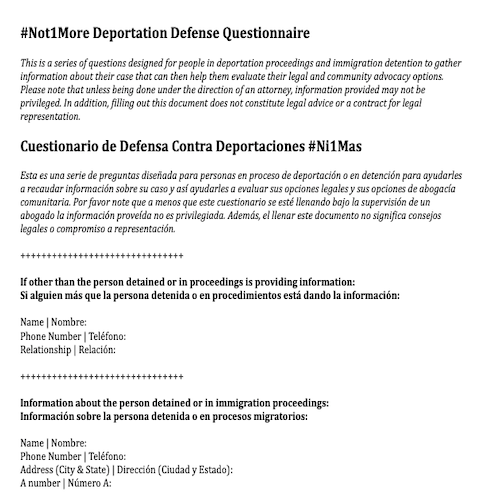 #Not1More Campaign: Deportation Defense Questionnaire